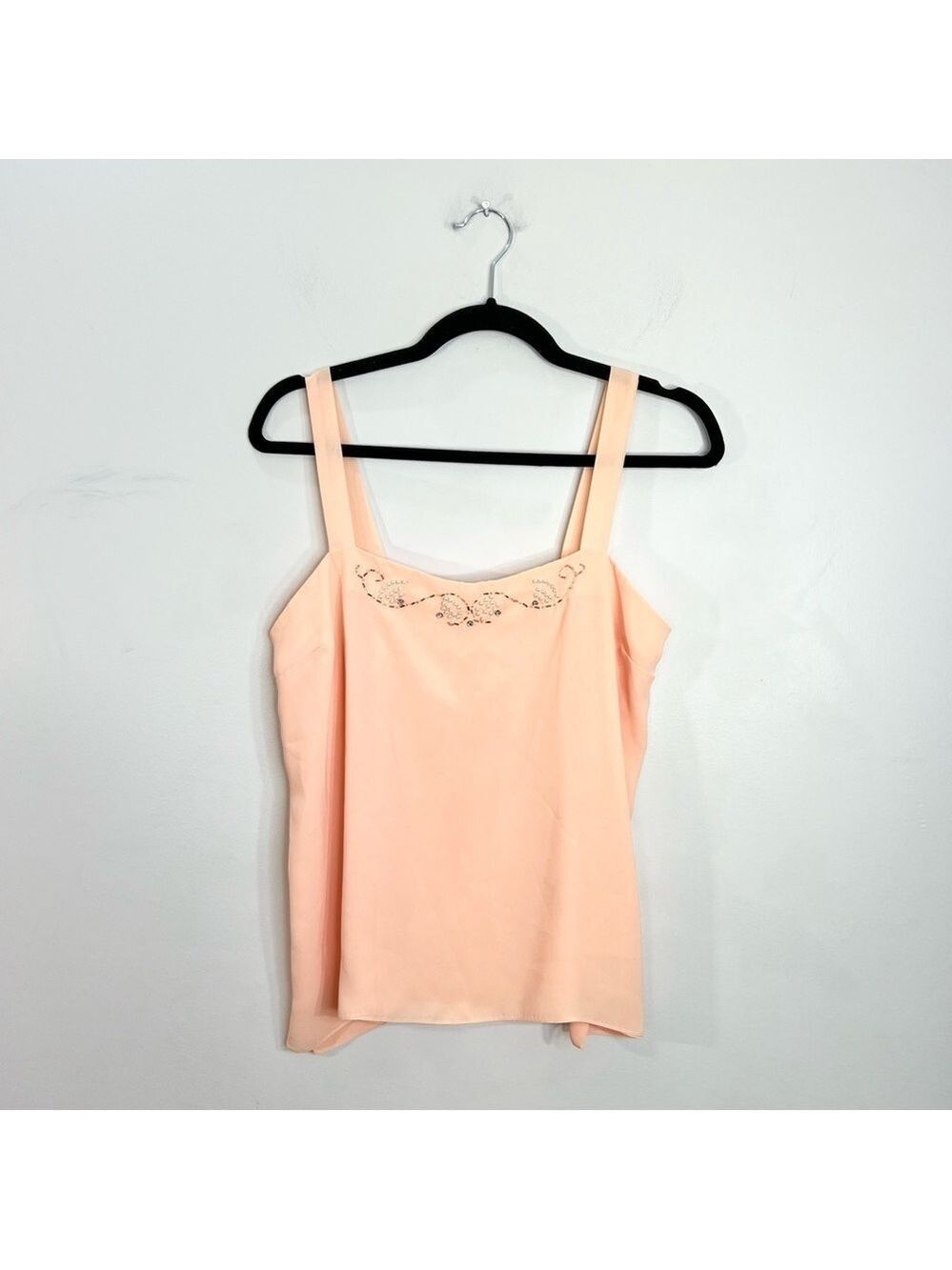 Vintage 80s union made beaded peach chiffon open jacket cami skirt set suit 16 - Picture 9 of 17